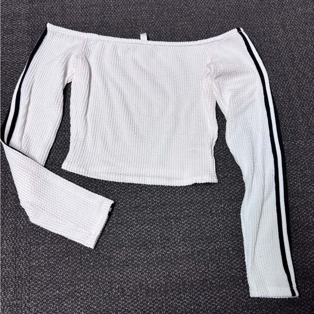 White Off-Shoulder Top with Black Stripes